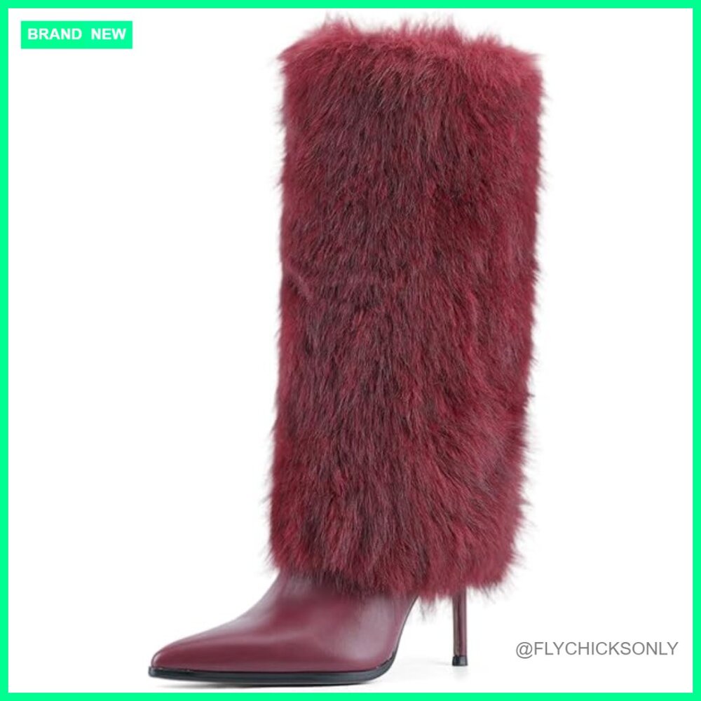 Knee High Faux Fur Boots Pointed Toe Stiletto Heels Winter Fashion